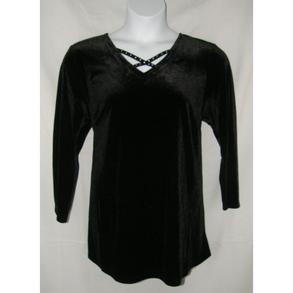 QUACKER FACTORY Black Plus Sz 1X Soft Stretchy Velour Rhinestone Shirt NEW NWT
